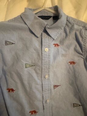 Janie and Jack Light Blue Button-Down Shirt with Tiger & Pennant Embroidery